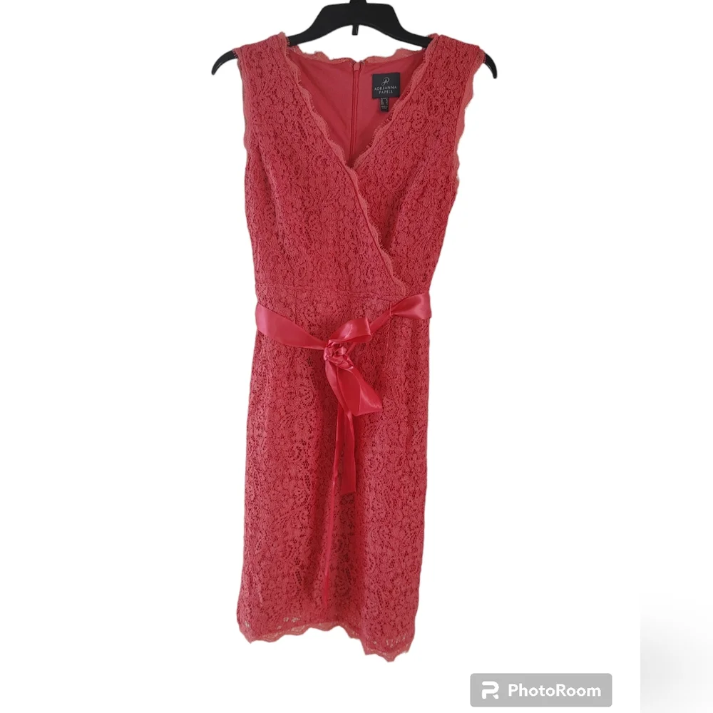 NWOT ADRIANNA PAPELL LACE FAUX WRAP CORAL SHEATH DRESS Size 4 - Picture 6 of 11